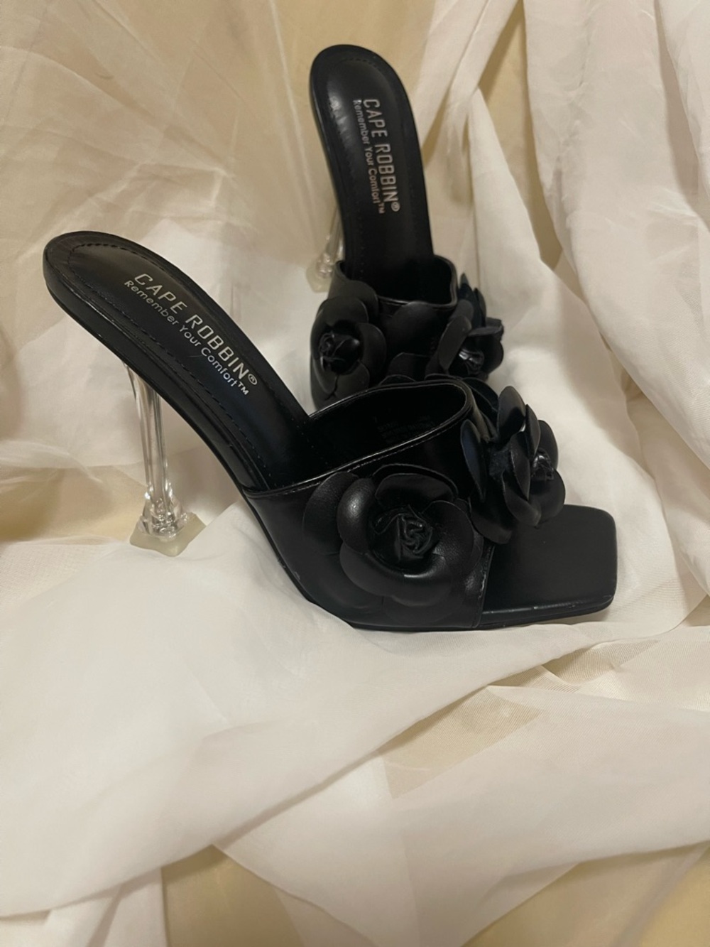 Cape Robbin Black Floral Slide Heels with Clear Stiletto